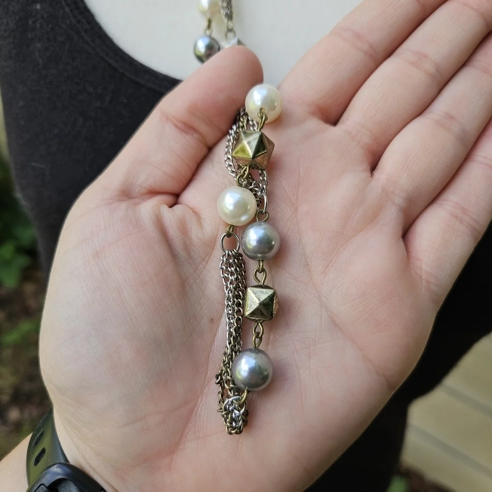 Express multi-tone layered chain necklace beads and faux pearls